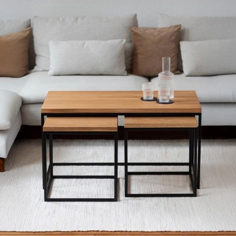 🪑 Indoor Nesting Table Set – Black × Wood (3 Pieces)