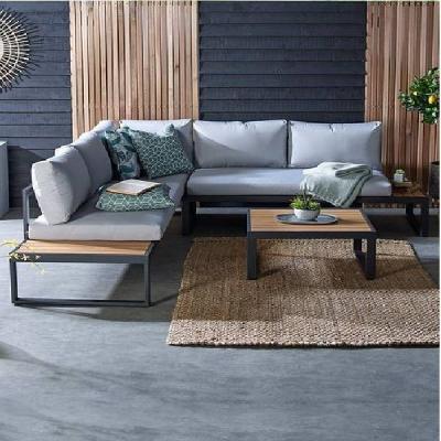 🛋️ Steel × Wood Corner Sofa – 4 Pieces – Grey × Off White
