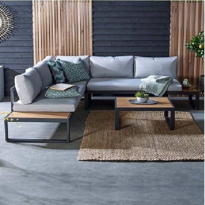 🛋️ Steel × Wood Corner Sofa – 4 Pieces – Grey × Off White