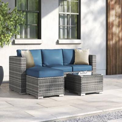 🛋️ Corner Sofa Set – Steel × Synthetic Rattan – Grey × Blue – 3 Pieces