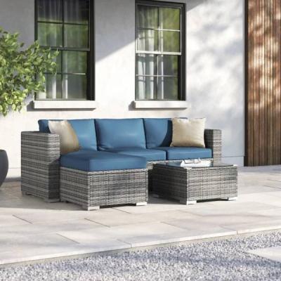 🛋️ Corner Sofa Set – Steel × Synthetic Rattan – Grey × Blue – 3 Pieces