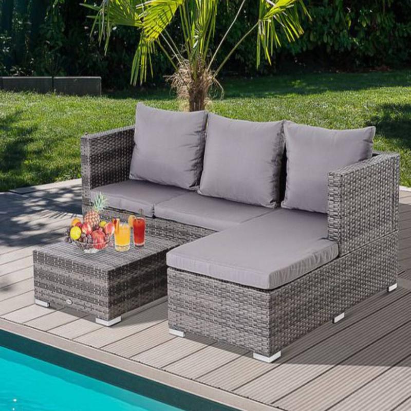 🛋️ Rattan Corner Sofa – 3 Pieces – Grey × Grey